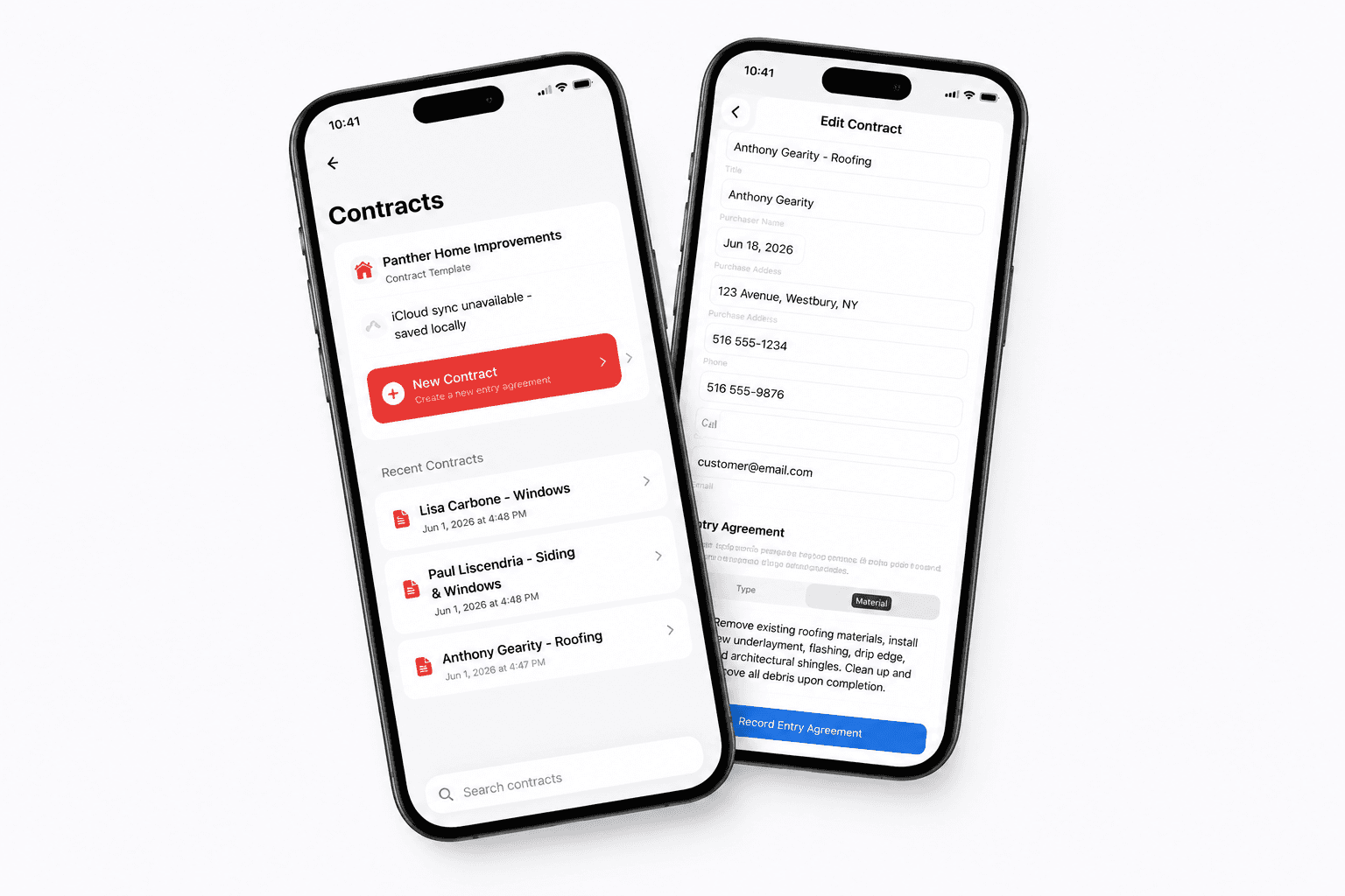 VoicePDFMemo iOS application shown across two phone screens